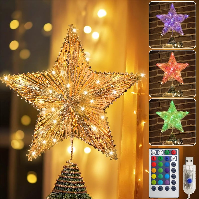 WVSAFV Christmas Tree Topper Star Gold, Christmas Tree Toppers with 40 Coloured & Warm LED Lights, Tradition Tree Topper Star for Home Holiday Xmas Tree Christmas Decor, Glitter Gold - Image 1